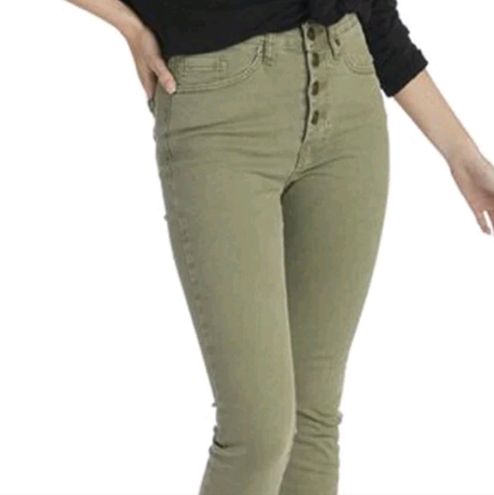 Mud Pie Wells Button Fly Skinny Jean Sage High Rise Raw Hem Crop  Sz M(30) X 28"